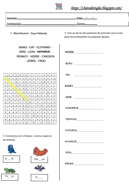 Plano de aula com caça-palavras de animais