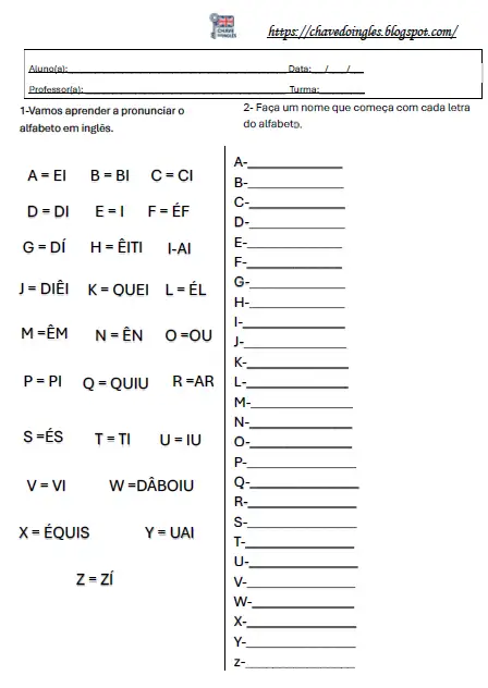 Plano de aula com alfabeto em inglês
