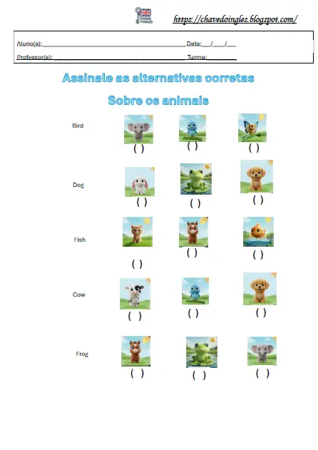 Atividade de identificação de animais em inglês
